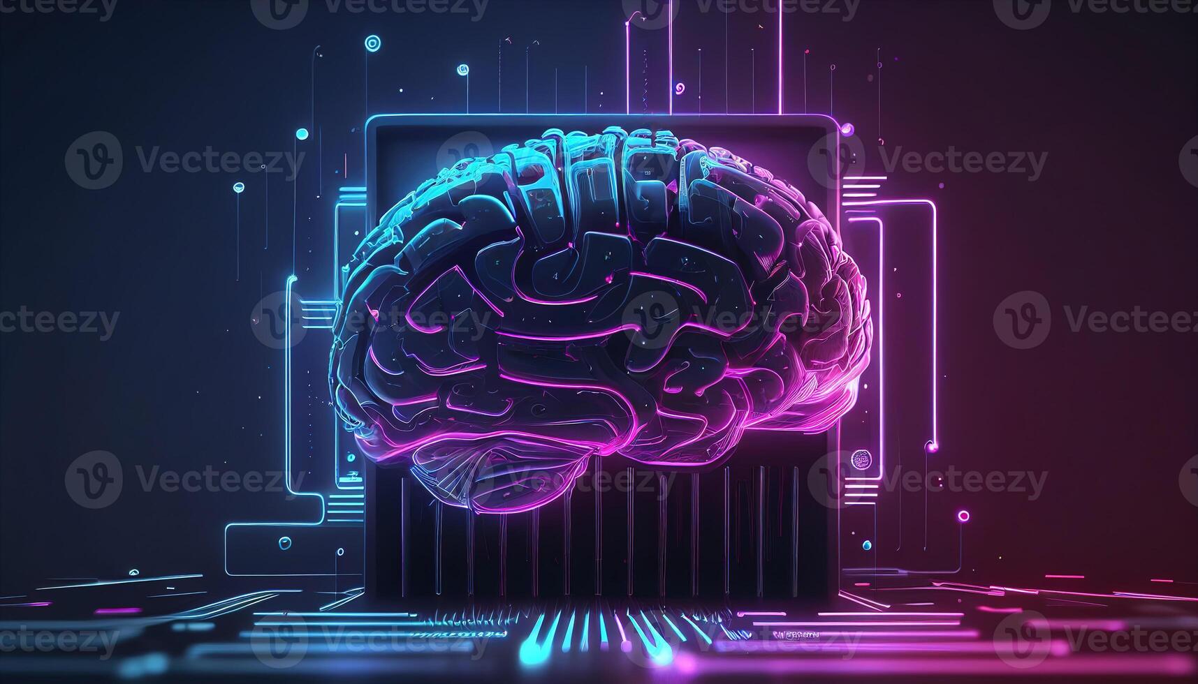 generativo ai ilustración de artificial inteligencia tecnológico cerebro con brillante púrpura neón luces en contra oscuro antecedentes foto