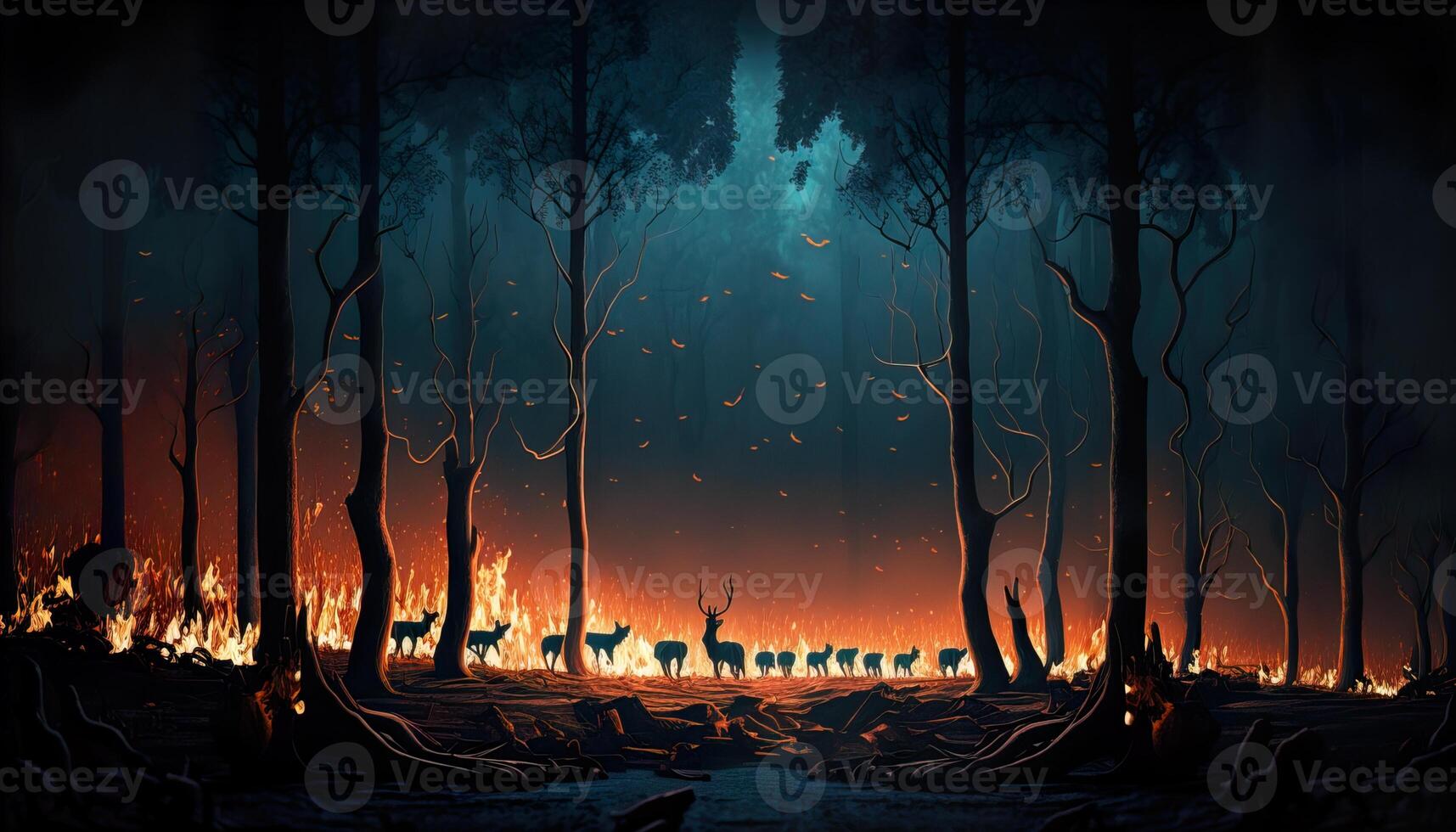 illustration of dramatic scenery of forest with tall trees burning in intense fire and flock of wild animals at night photo