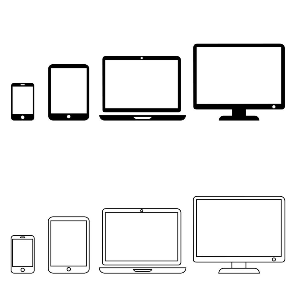 Device Icons vector set. smartphone sign, tablet symbol, laptop and desktop computer design.