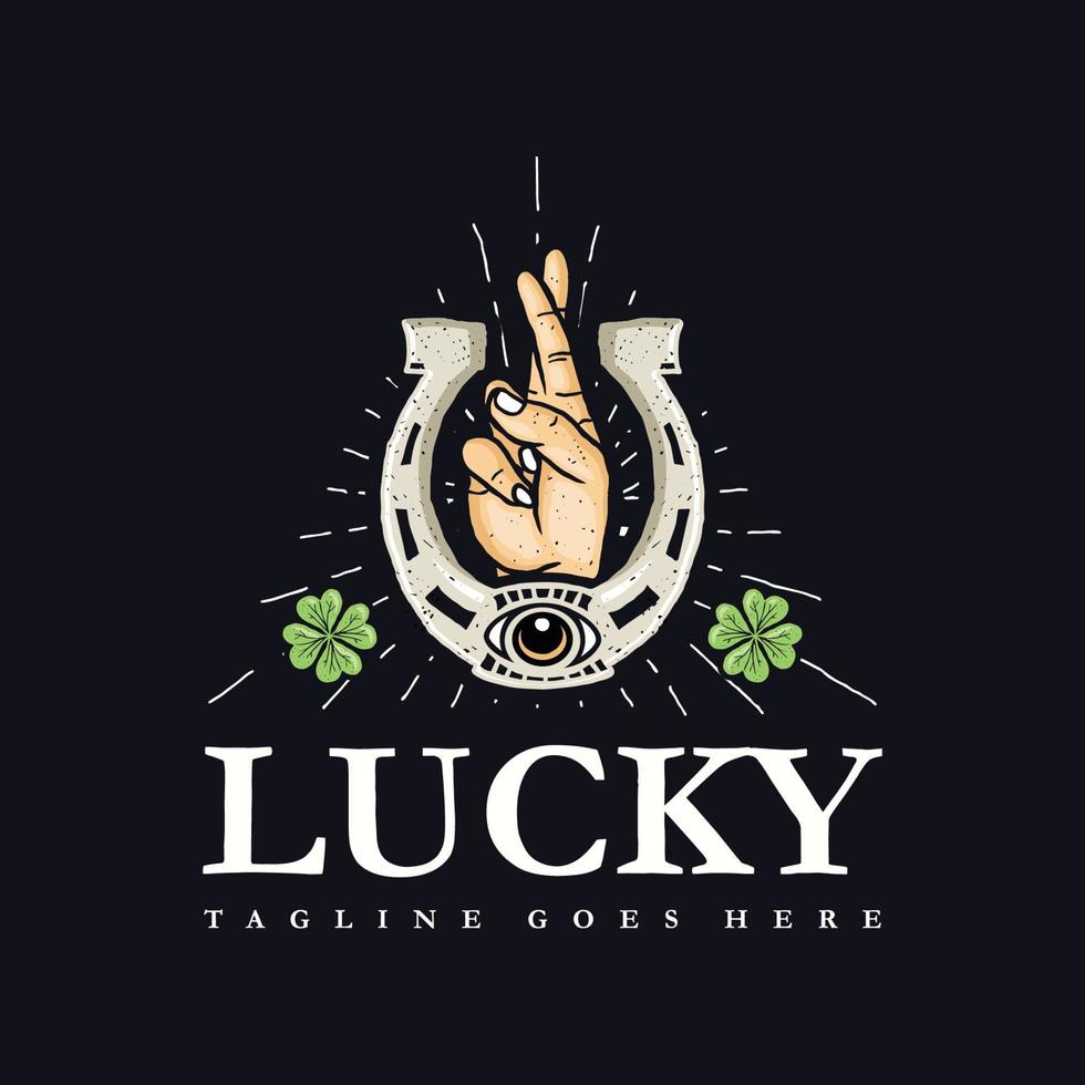 lucky lettering crossed fingers, horseshoe, clover leaf, Logo Vector Template, Design element for logo, poster, card, banner, emblem, t shirt. Vector illustration