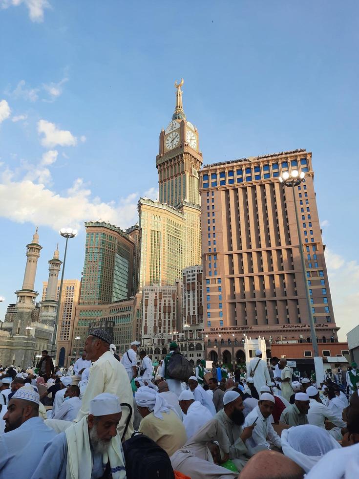 Mecca, Saudi Arabia, April 2023 - Pilgrims from different countries around the world are busy breaking their fast in the courtyard outside Masjid al-Haram. photo