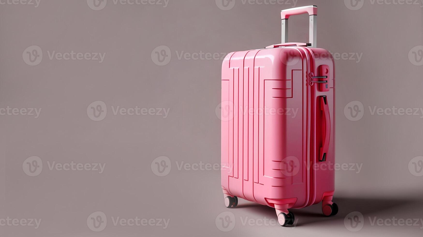 modern pink suitcase on wheels close-up on gray background travelling concept copy space photo