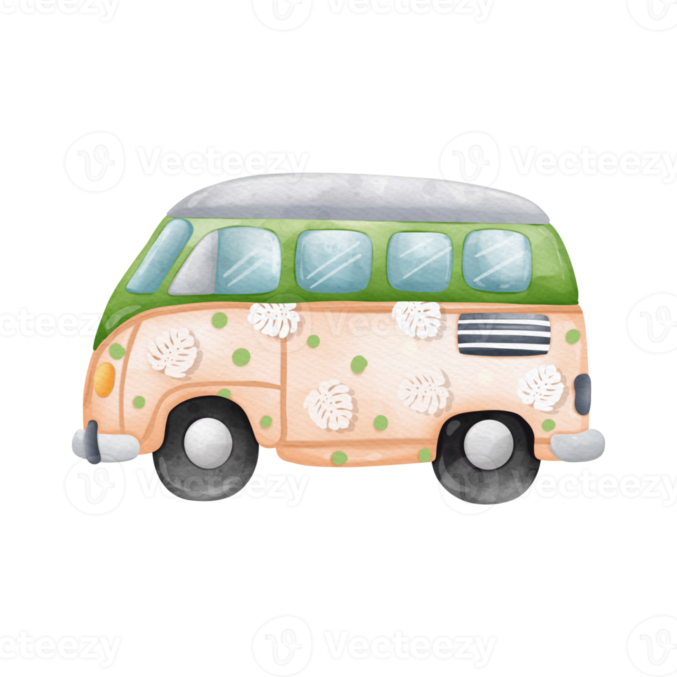 Watercolor classic van, summer element on beach, Summer illustration png