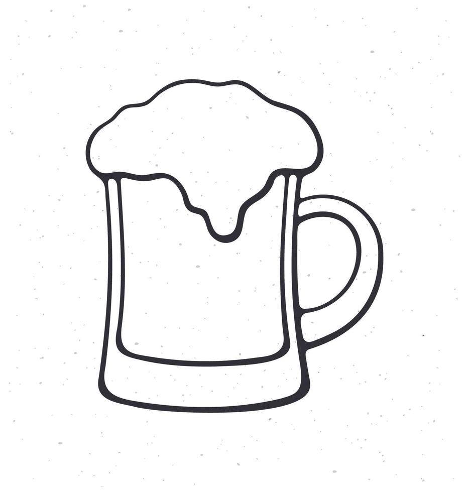 Hand drawn doodle of a mug of beer with foam. Glass of alcohol drink. Classic foam drink of pubs and bars vector