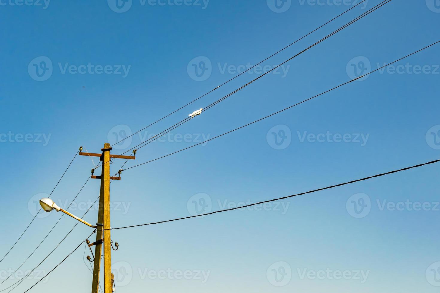 Power electric pole with line wire on colored background close up photo