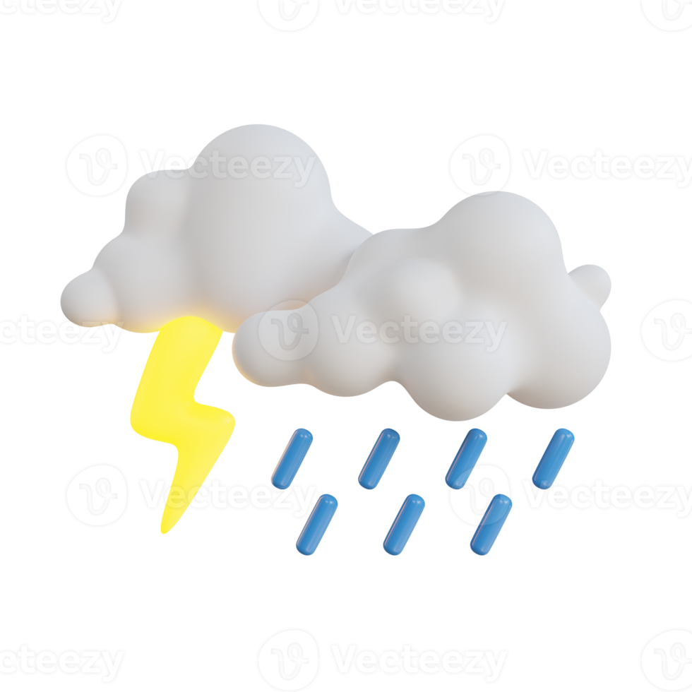 3D icon of rain and a thunderstorm. cloud with a lightning bolt. Weather icons png