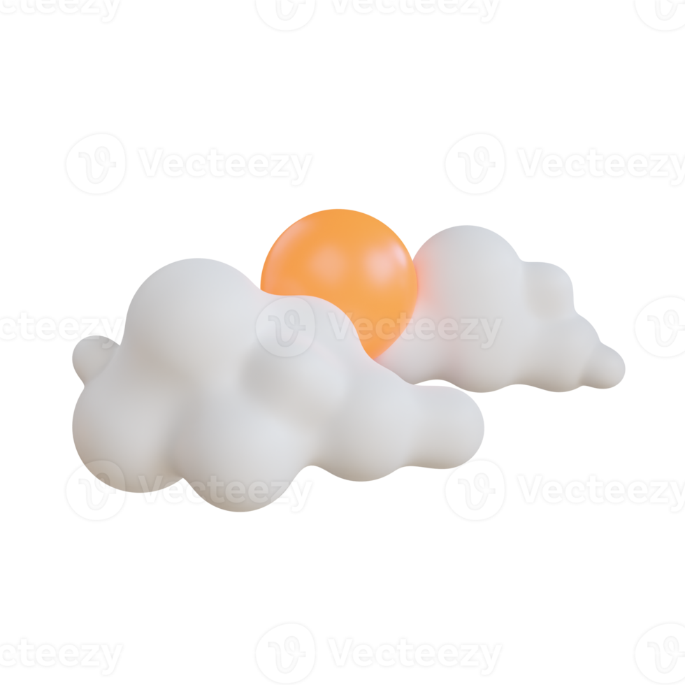 Cloudy with sun. Sunny day concept. 3d Sun with clouds. Weather icon png