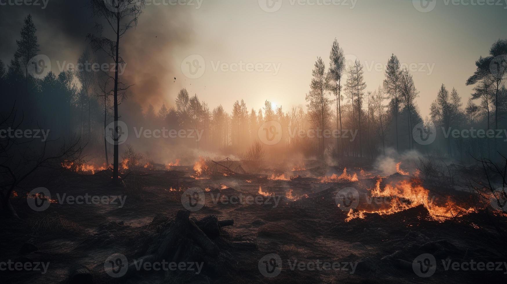 Forest fire in the forest. The concept of disaster and ecology,Burning dry grass and trees in the forest photo