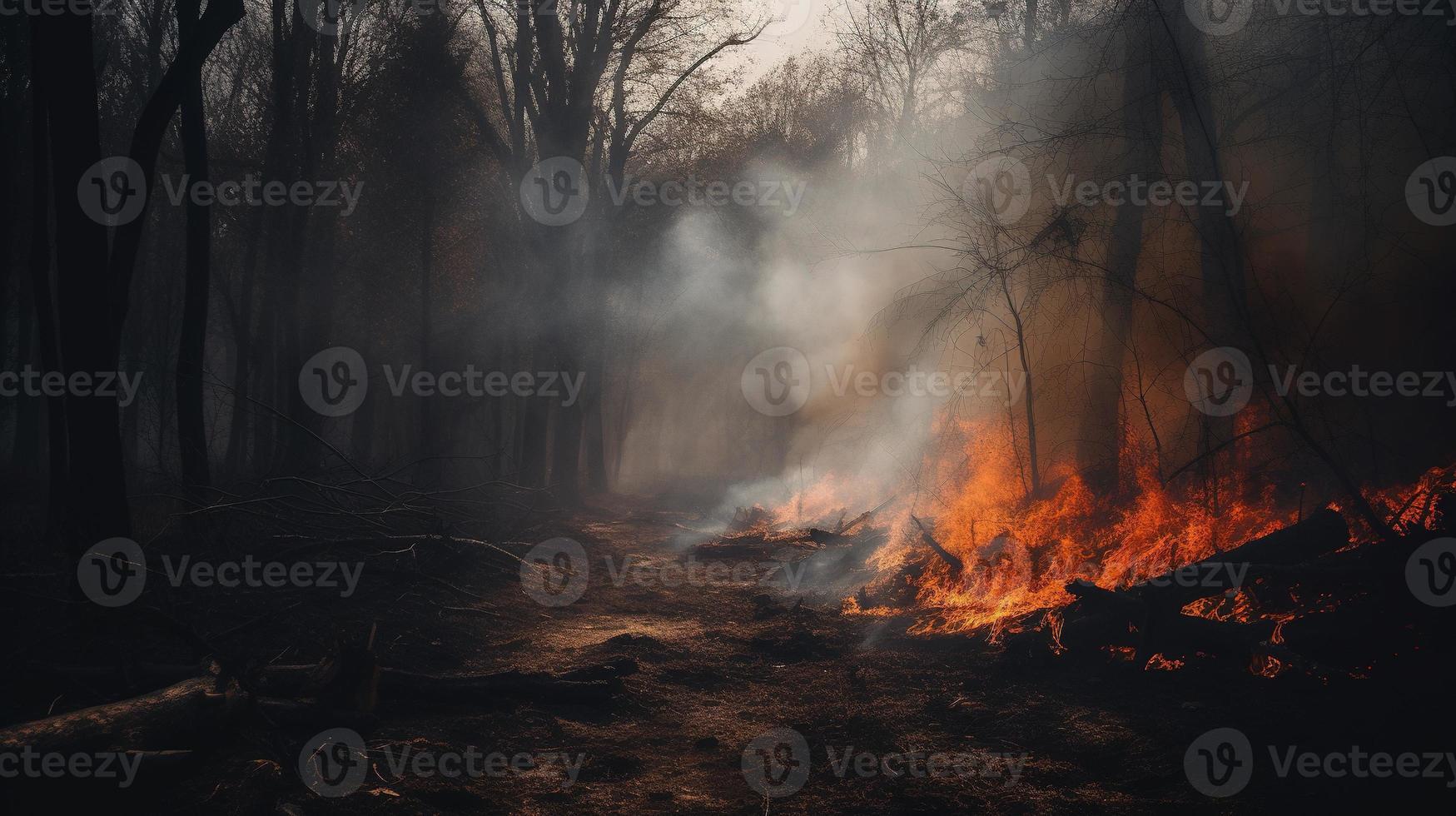 Forest fire in the forest. The concept of disaster and ecology,Burning dry grass and trees in the forest photo