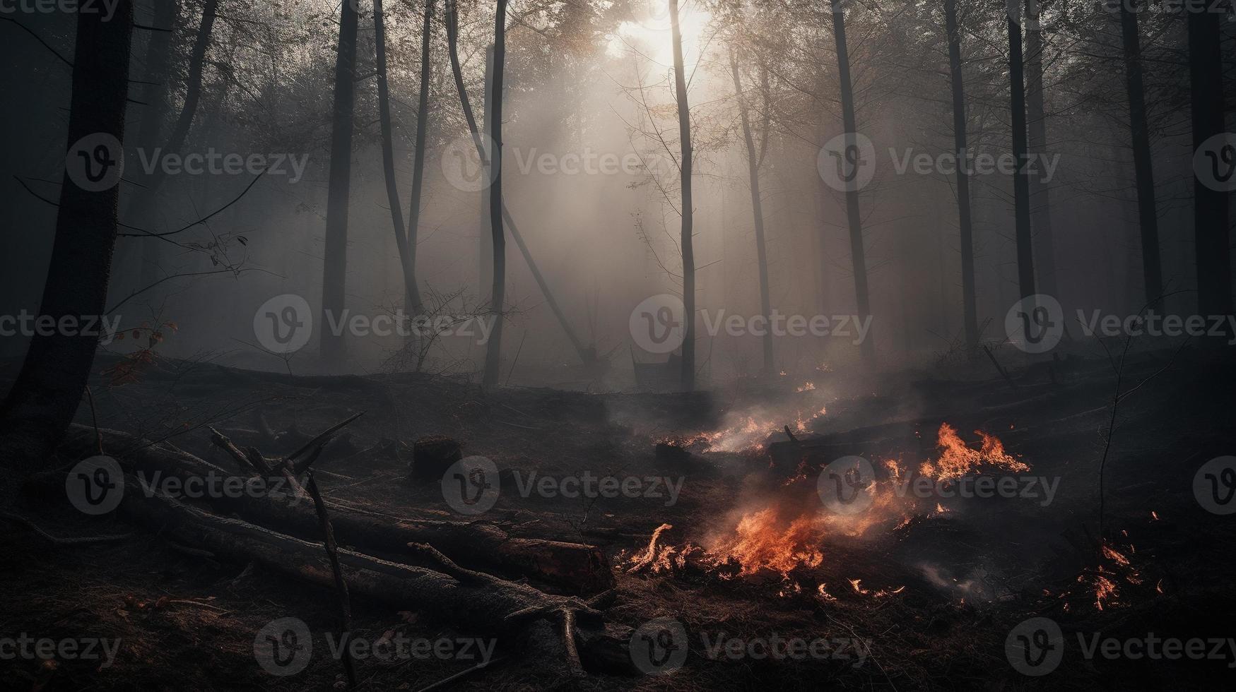 Forest fire in the forest. The concept of disaster and ecology,Burning dry grass and trees in the forest photo