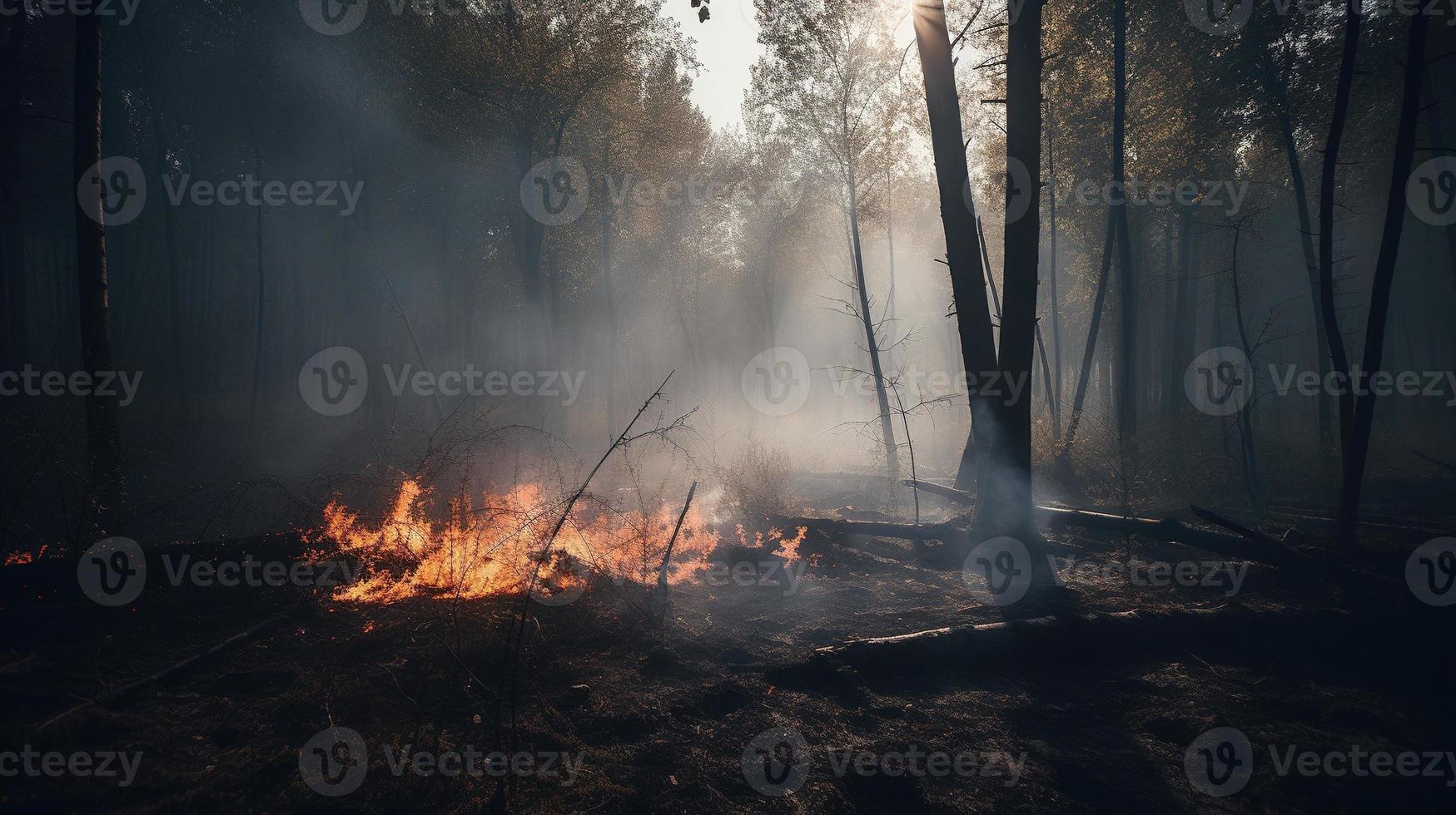 Forest fire in the forest. The concept of disaster and ecology,Burning dry grass and trees in the forest photo