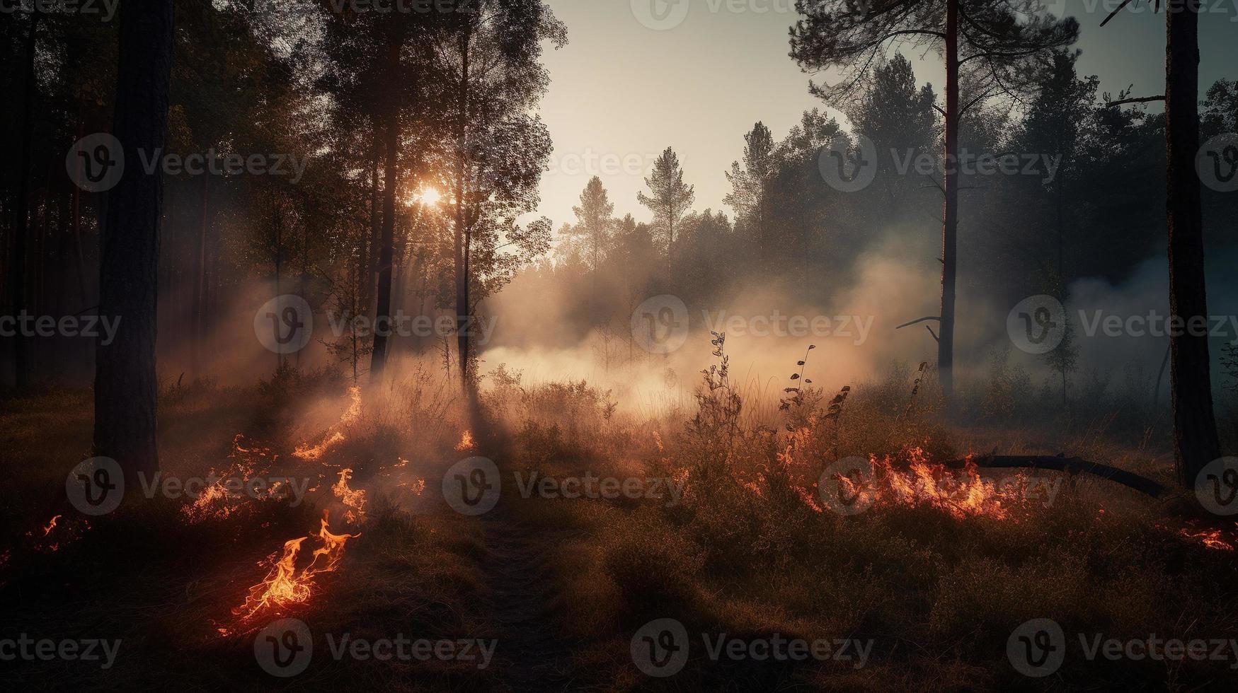 Forest fire in the forest. The concept of disaster and ecology,Burning dry grass and trees in the forest photo