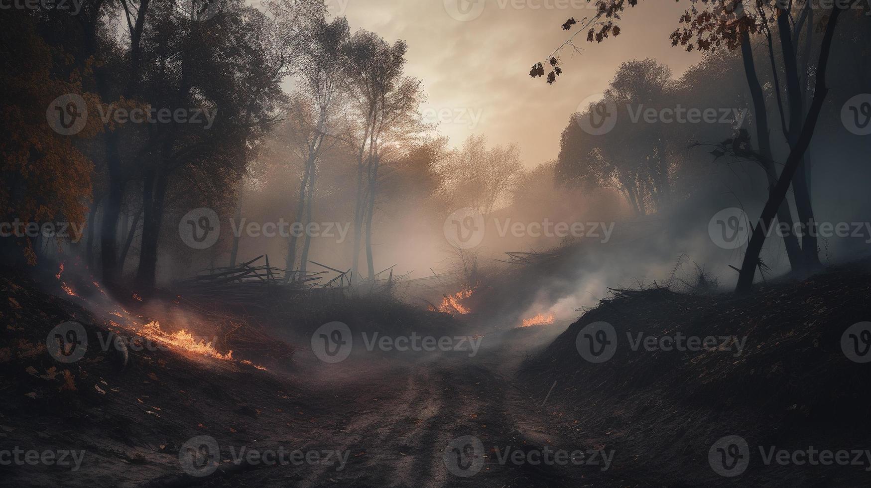 Forest fire in the forest. The concept of disaster and ecology,Burning dry grass and trees in the forest photo