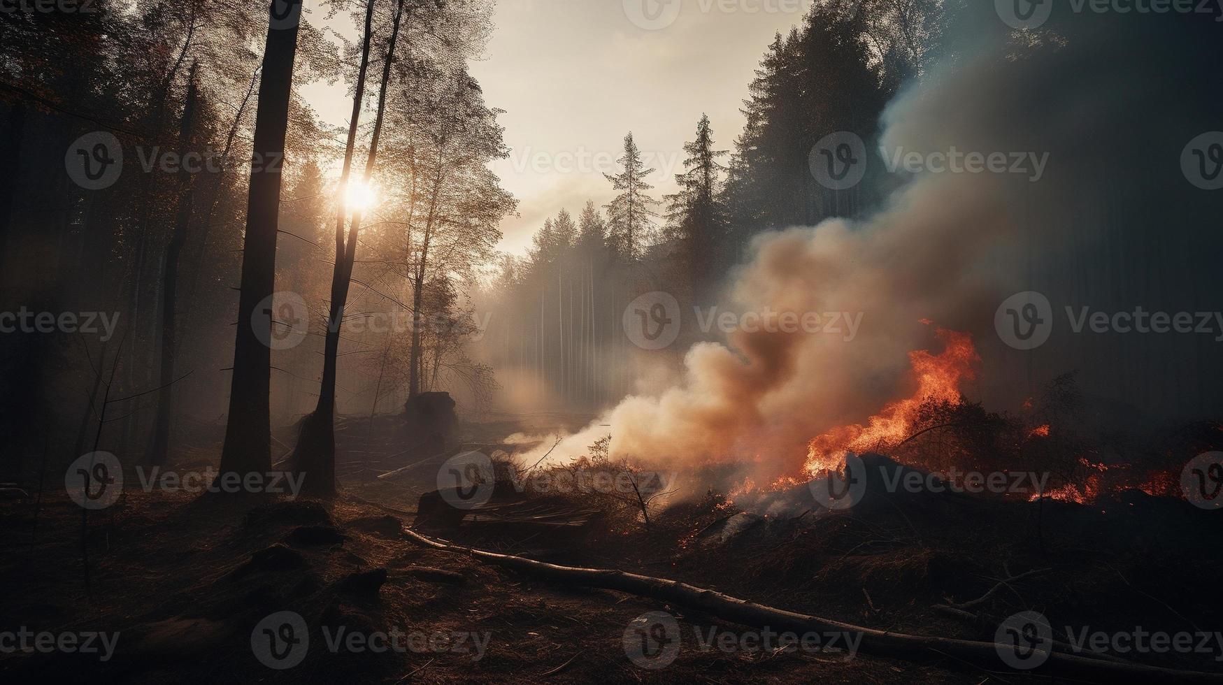 Forest fire in the forest. The concept of disaster and ecology,Burning dry grass and trees in the forest photo