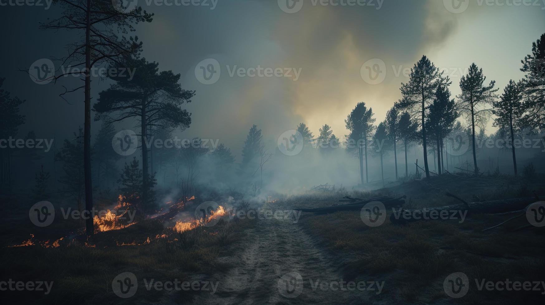 Forest fire in the forest. The concept of disaster and ecology,Burning dry grass and trees in the forest photo