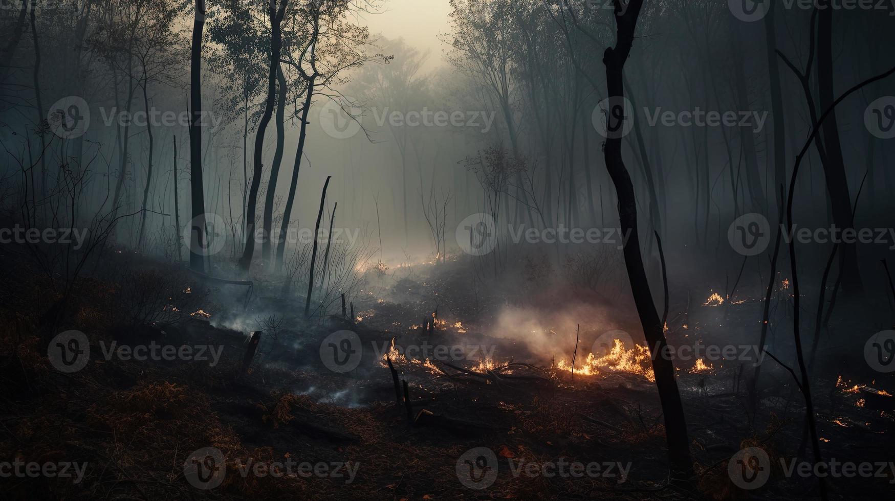 Forest fire in the forest. The concept of disaster and ecology,Burning dry grass and trees in the forest photo