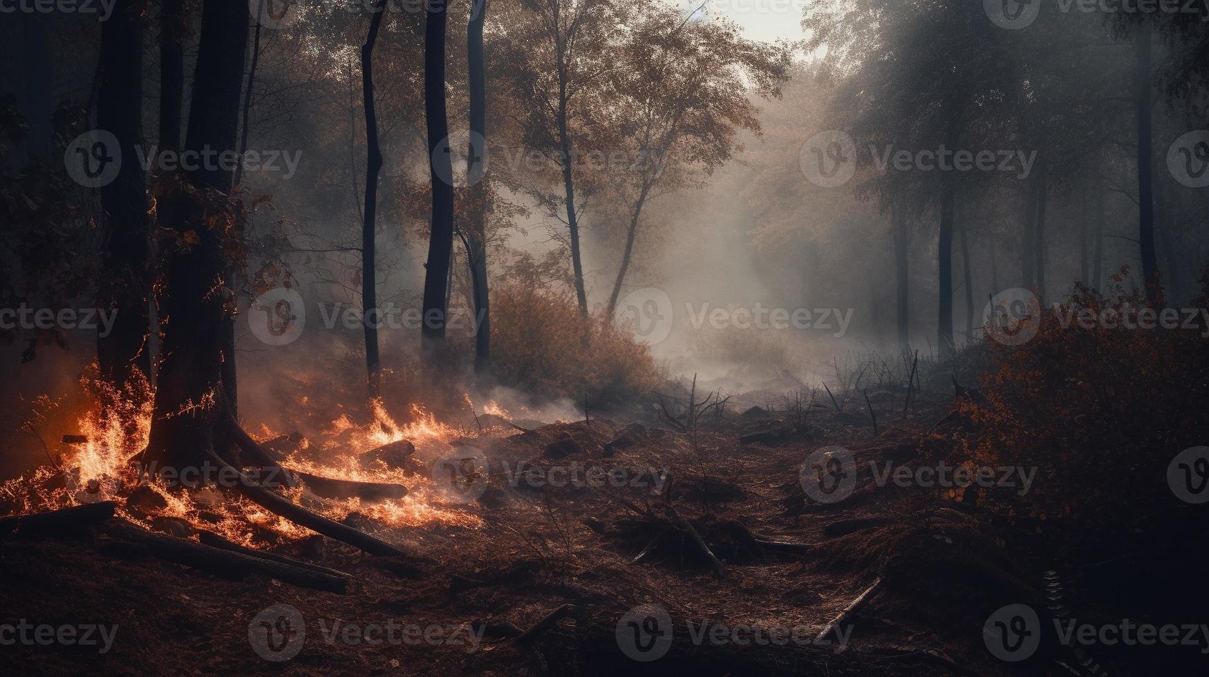 Forest fire in the forest. The concept of disaster and ecology,Burning dry grass and trees in the forest photo