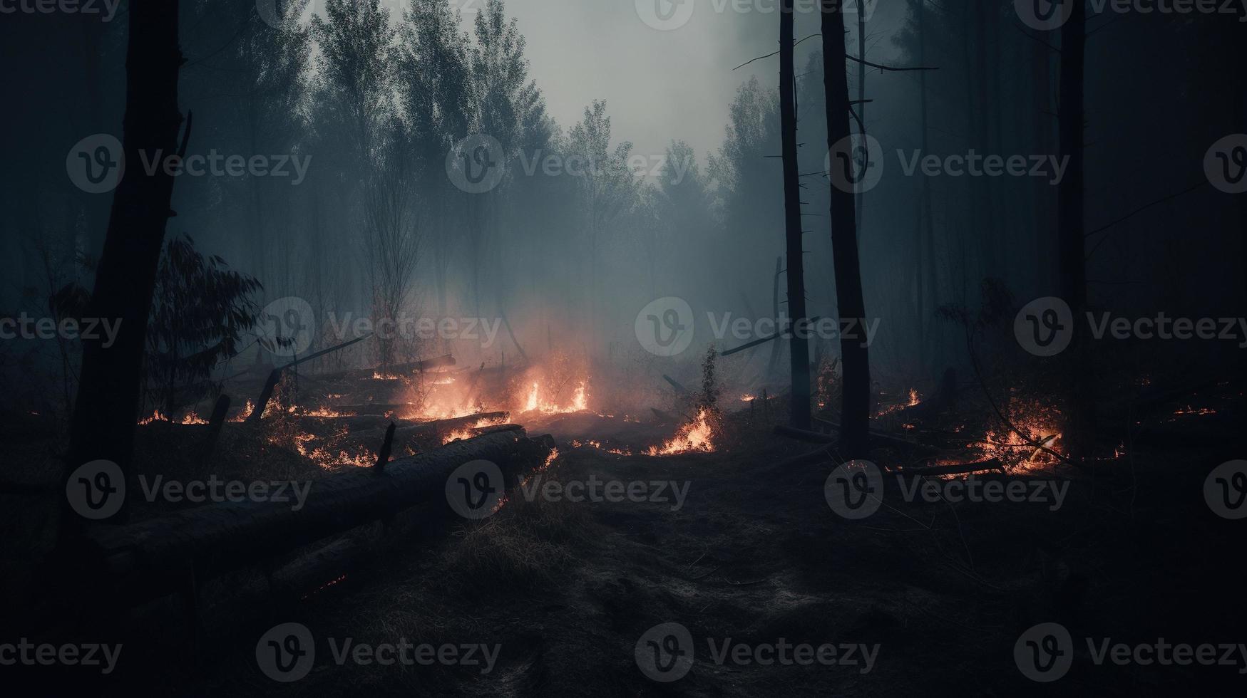 Forest fire in the forest. The concept of disaster and ecology,Burning dry grass and trees in the forest photo