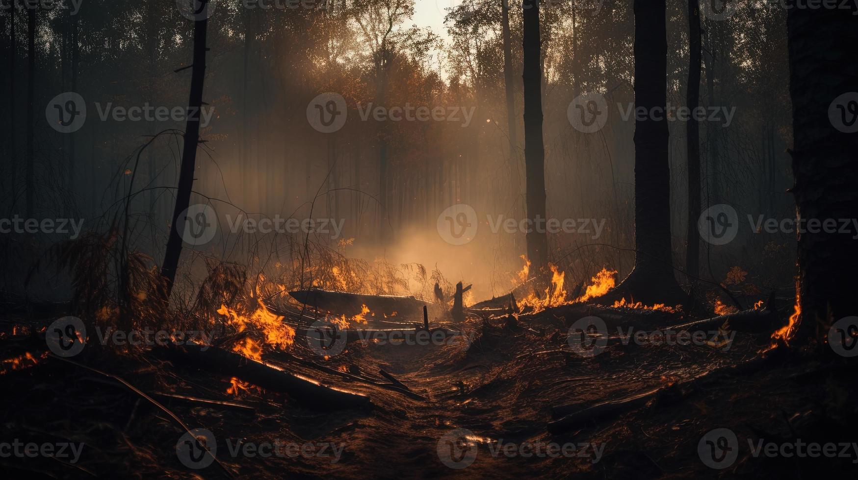 Forest fire in the forest. The concept of disaster and ecology,Burning dry grass and trees in the forest photo