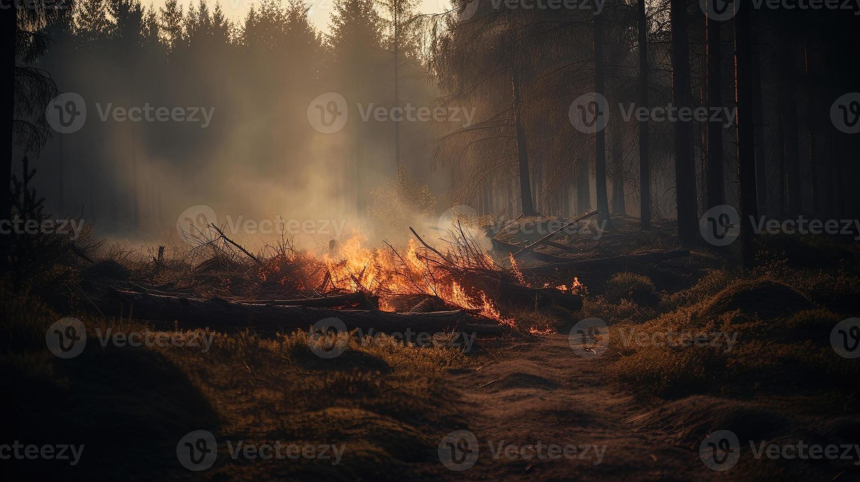 Forest fire in the forest. The concept of disaster and ecology,Burning dry grass and trees in the forest photo