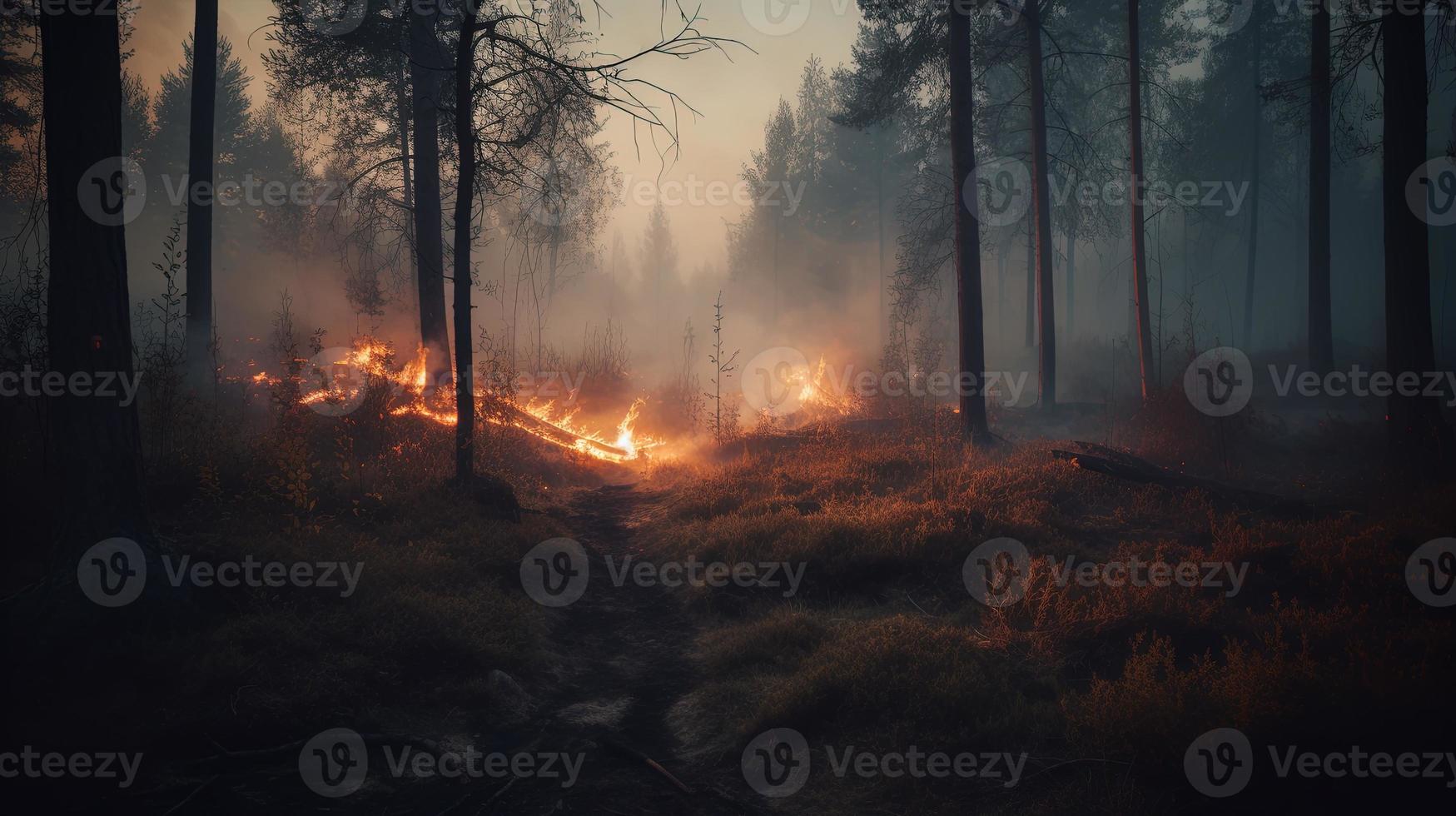 Forest fire in the forest. The concept of disaster and ecology,Burning dry grass and trees in the forest photo