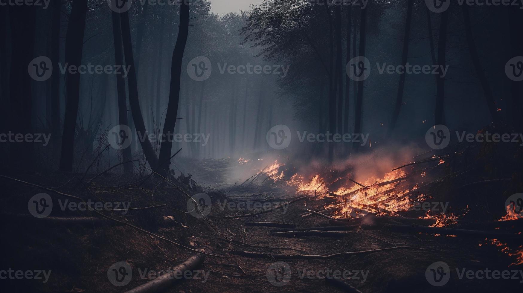 Forest fire in the forest. The concept of disaster and ecology,Burning dry grass and trees in the forest photo