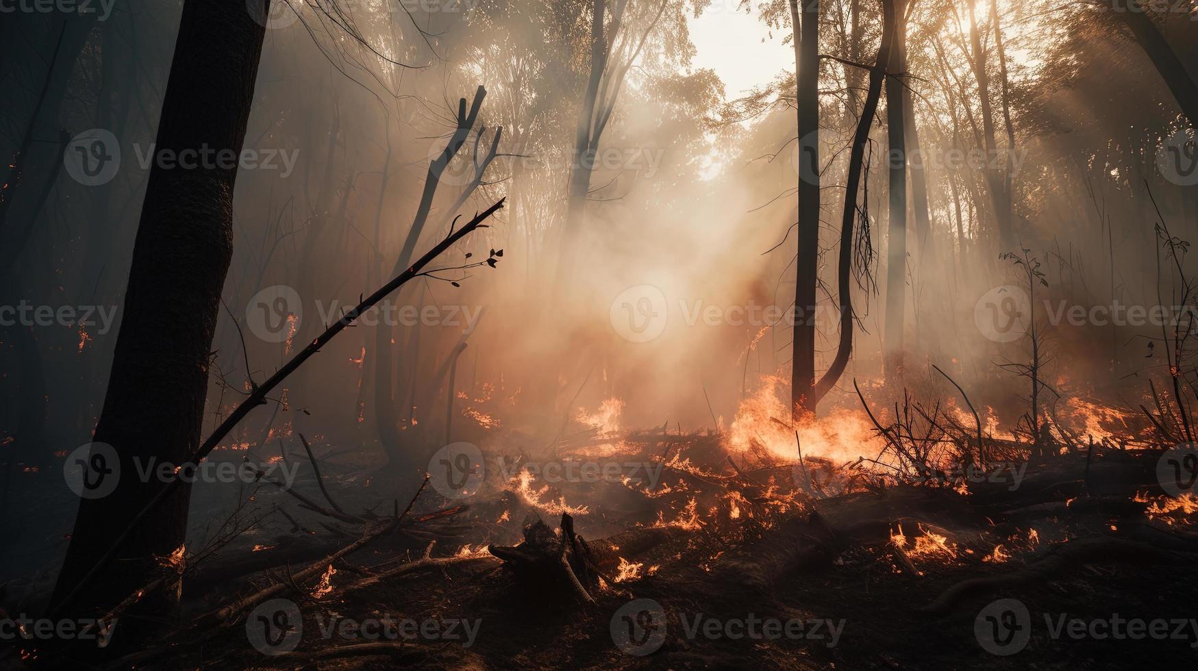 Forest fire in the forest. The concept of disaster and ecology,Burning dry grass and trees in the forest photo