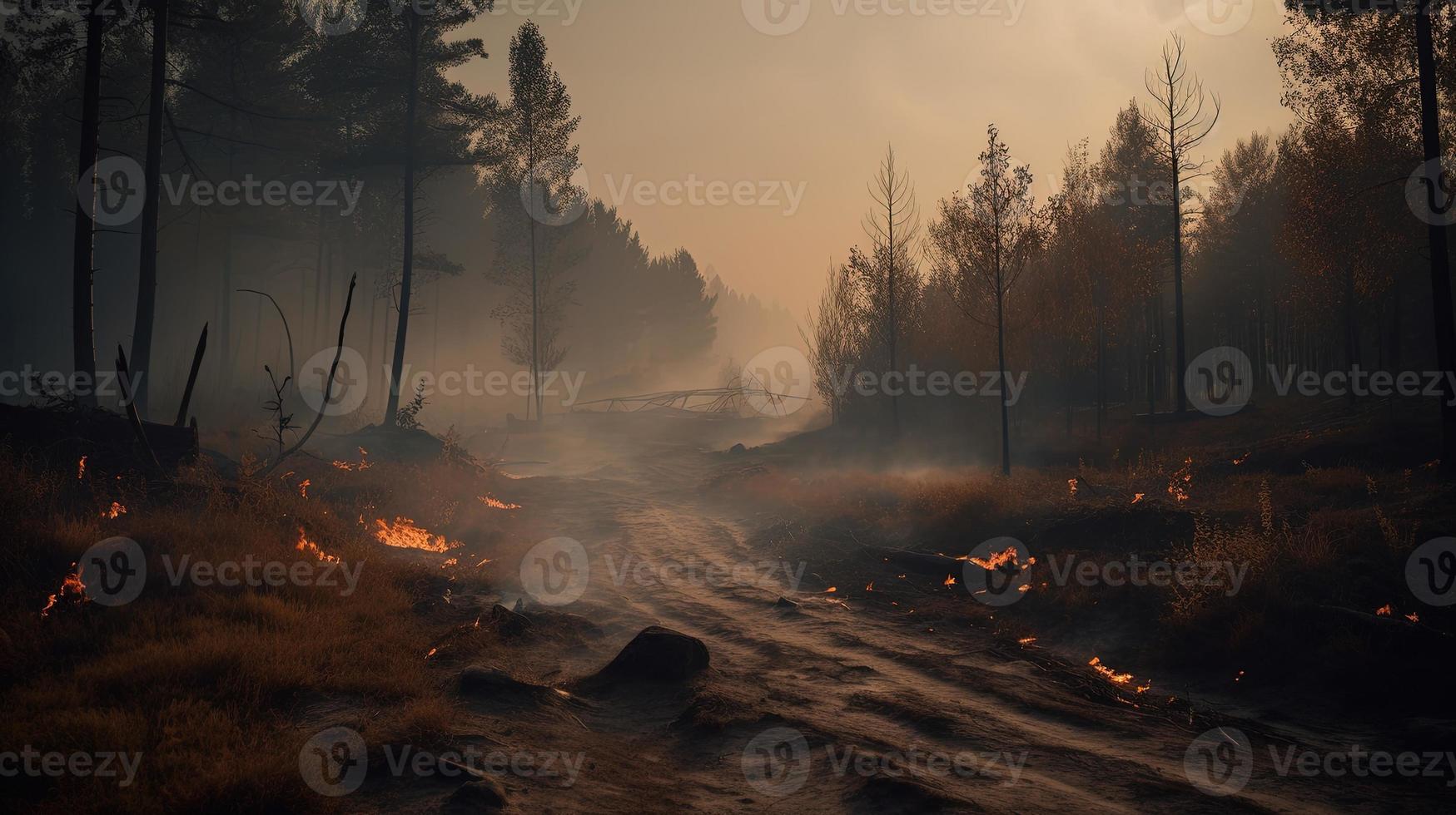 Forest fire in the forest. The concept of disaster and ecology,Burning dry grass and trees in the forest photo
