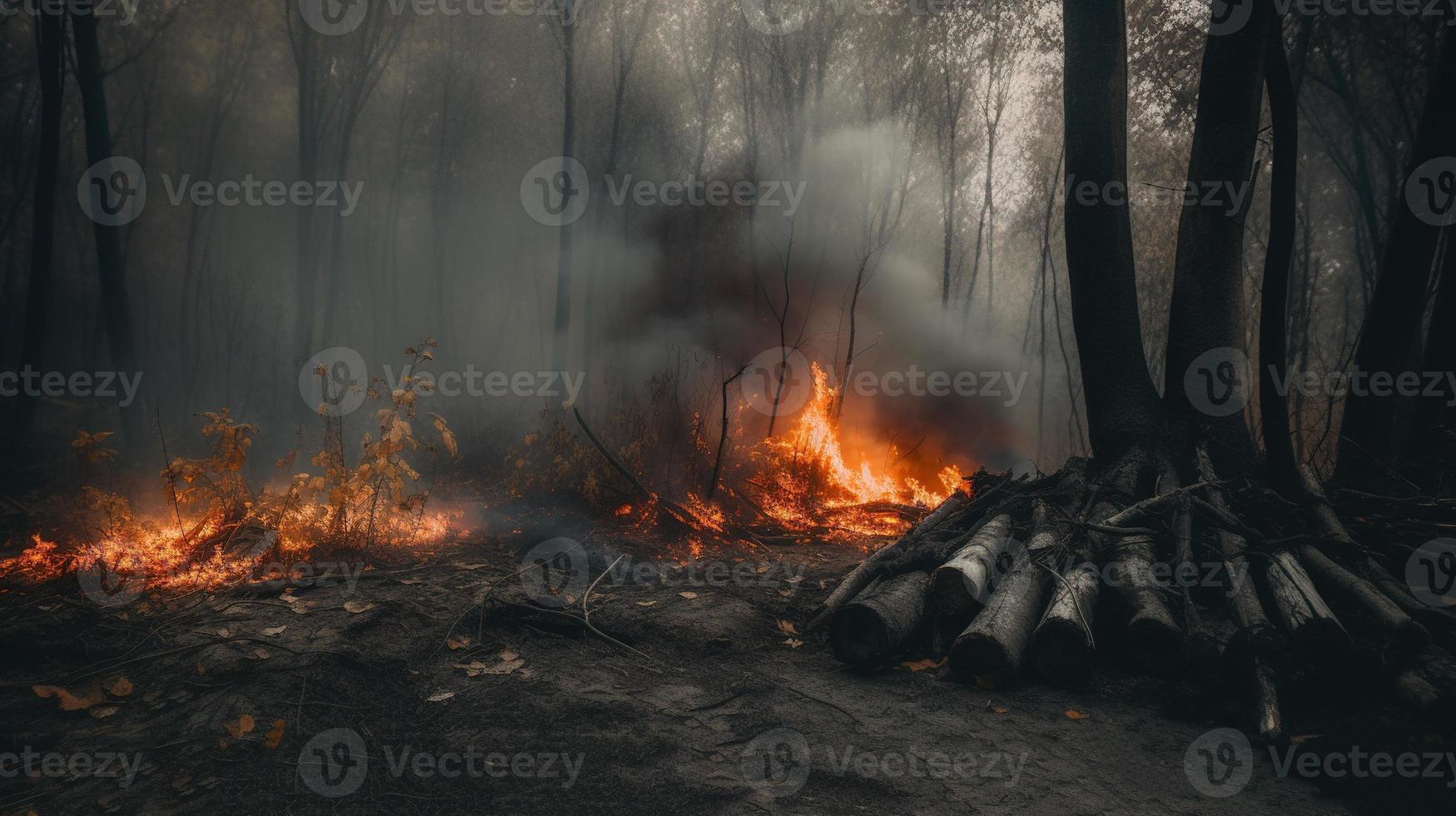 Forest fire in the forest. The concept of disaster and ecology,Burning dry grass and trees in the forest photo