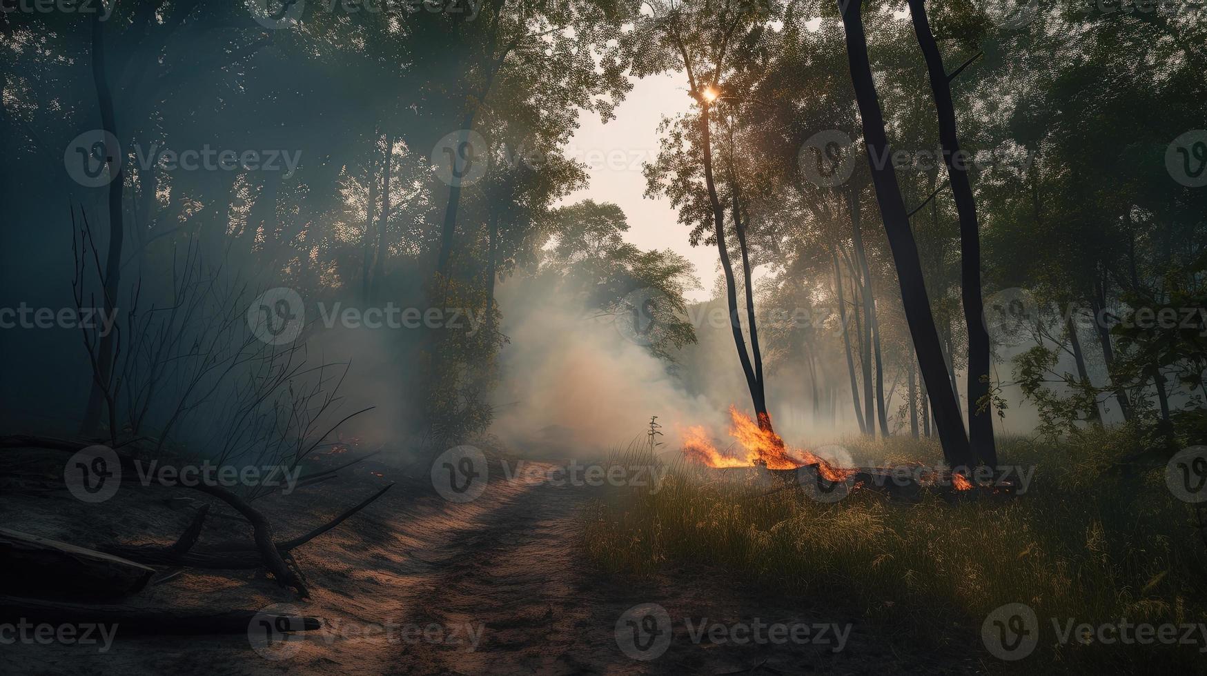 Forest fire in the forest. The concept of disaster and ecology,Burning dry grass and trees in the forest photo
