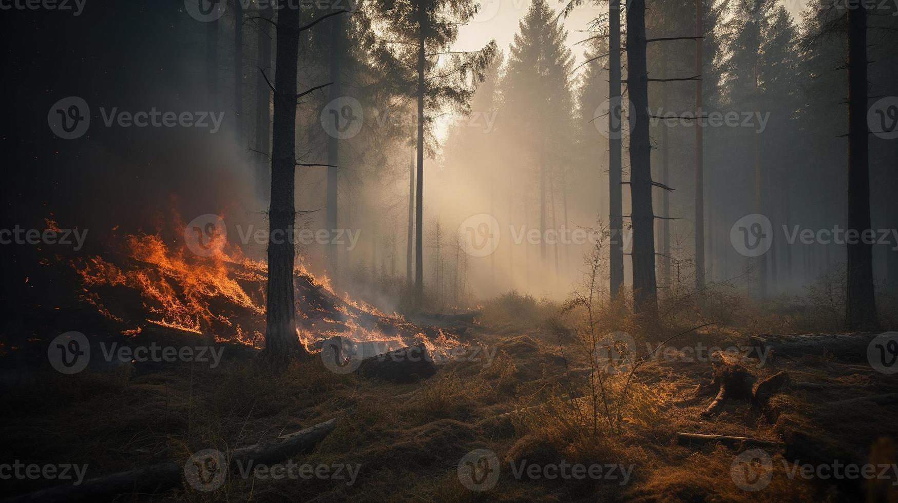 Forest fire in the forest. The concept of disaster and ecology,Burning dry grass and trees in the forest photo