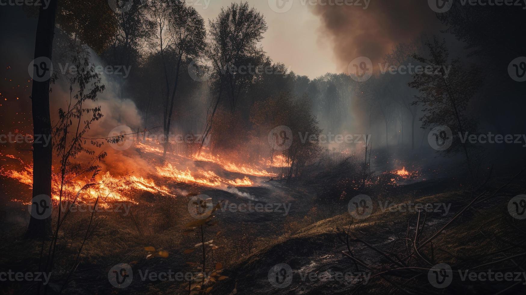 Forest fire in the forest. The concept of disaster and ecology,Burning dry grass and trees in the forest photo