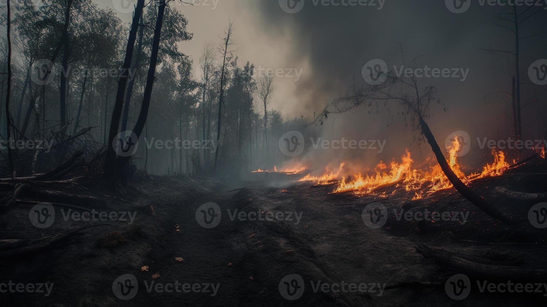 Forest fire in the forest. The concept of disaster and ecology,Burning dry grass and trees in the forest photo