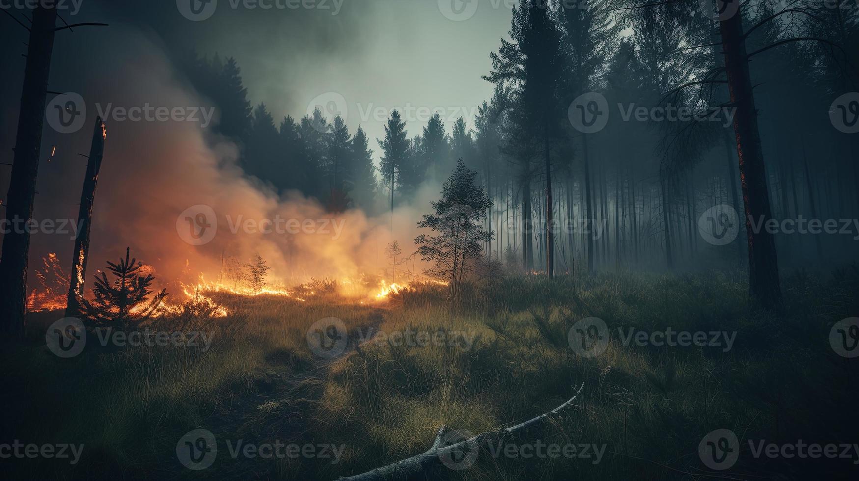 Forest fire in the forest. The concept of disaster and ecology,Burning dry grass and trees in the forest photo