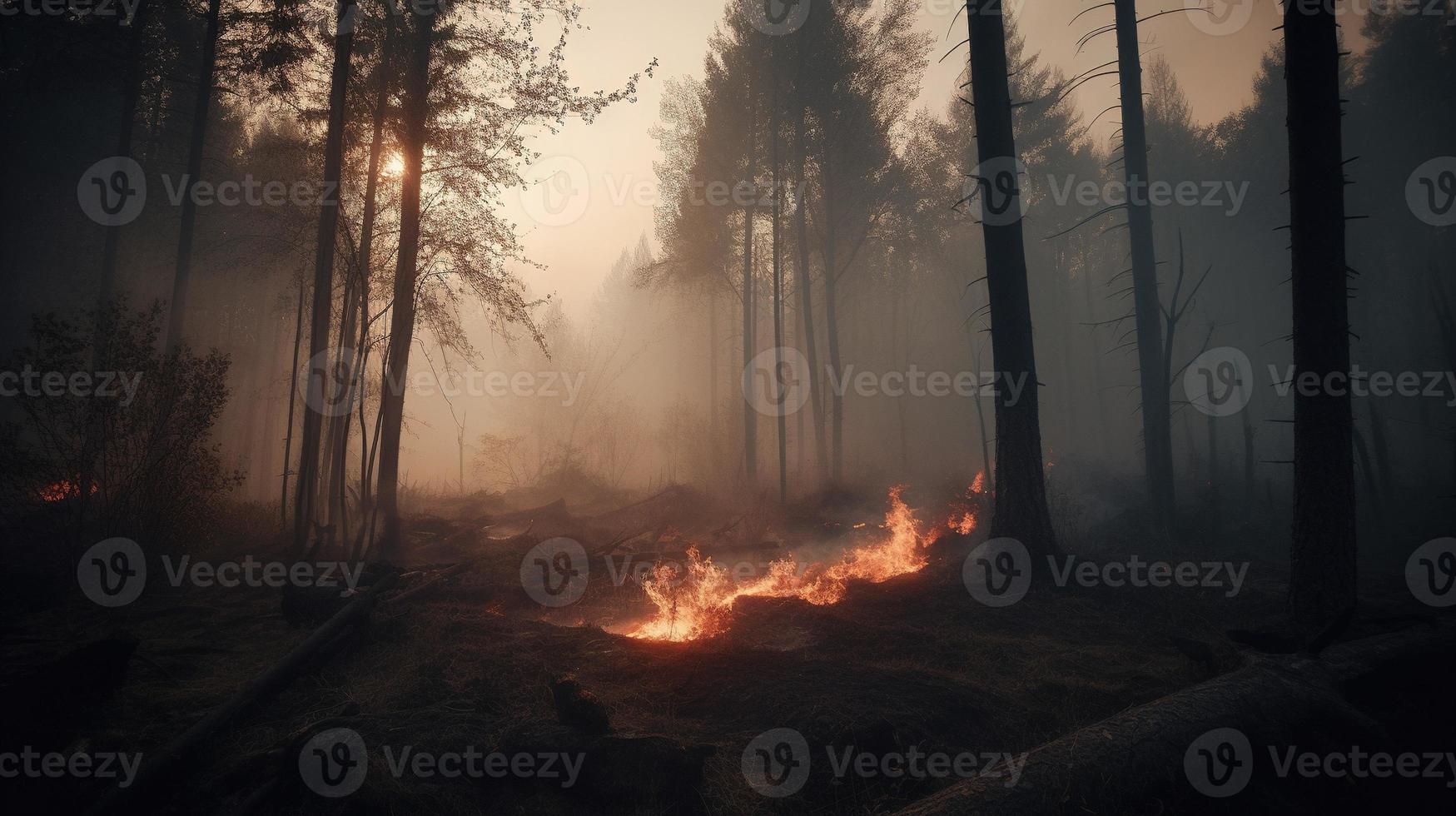 bosque fuego en el bosque. el concepto de desastre y ecología,quema seco césped y arboles en el bosque foto