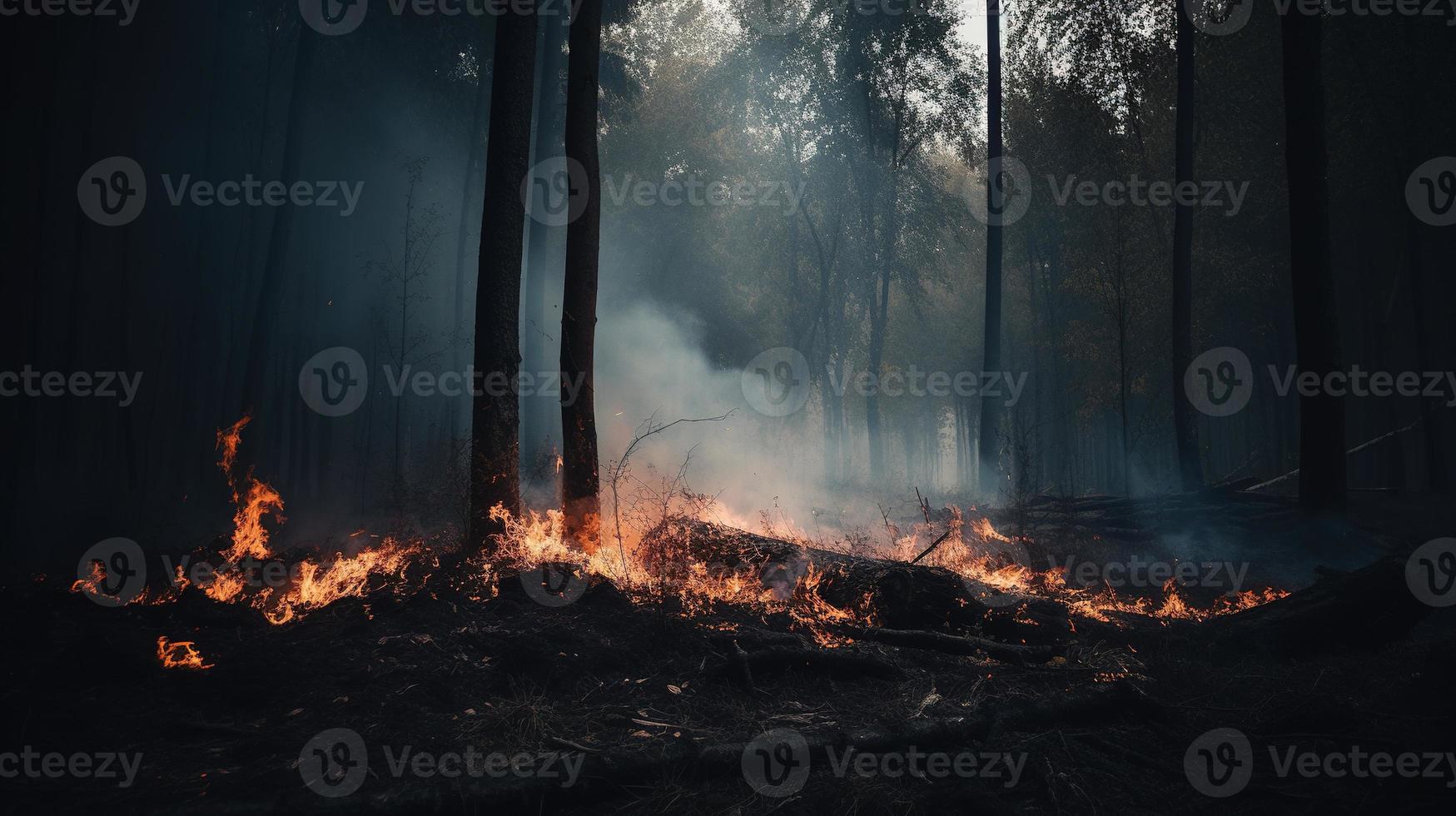 bosque fuego en el bosque. el concepto de desastre y ecología,quema seco césped y arboles en el bosque foto