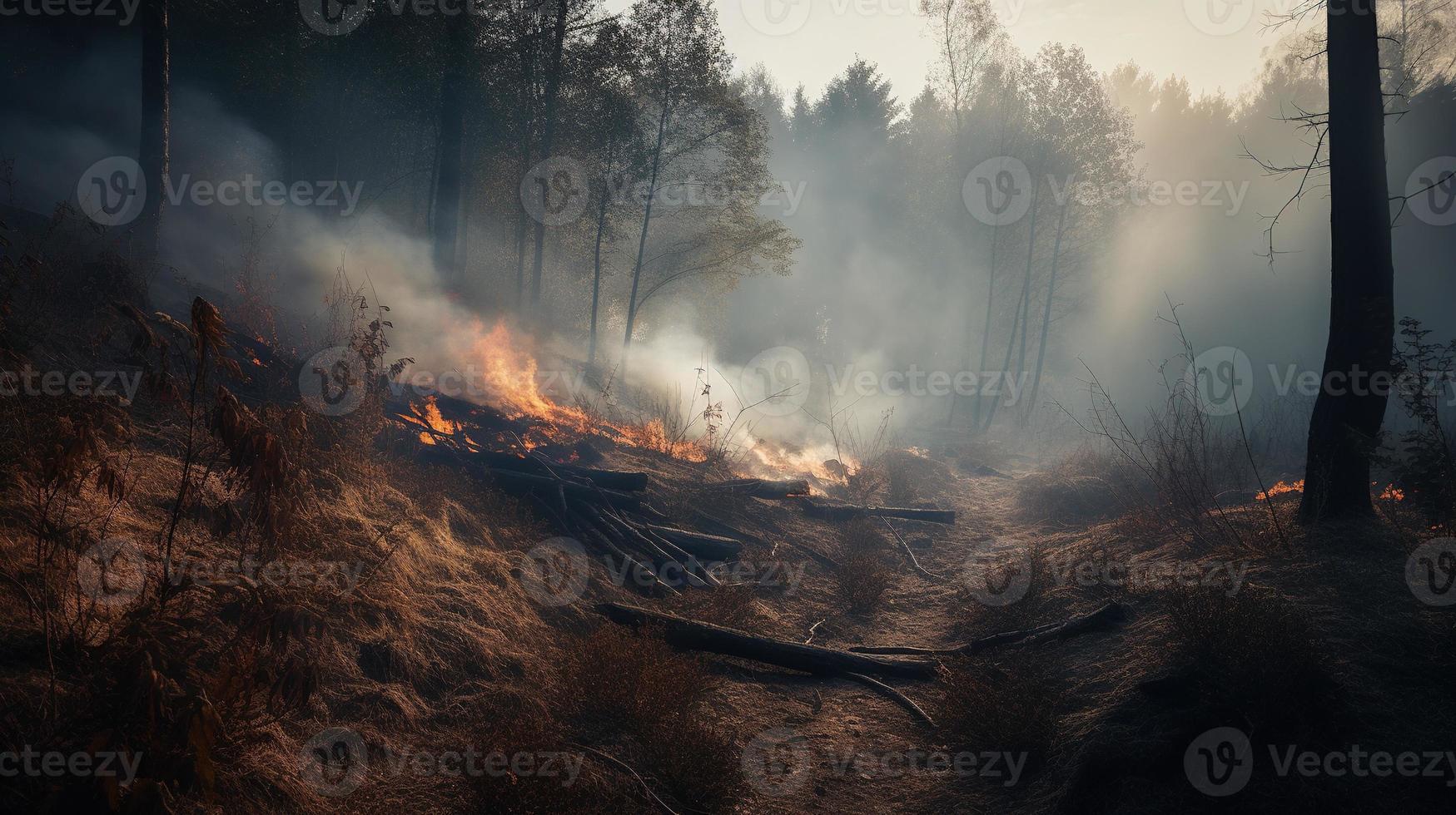 Forest fire in the forest. The concept of disaster and ecology,Burning dry grass and trees in the forest photo