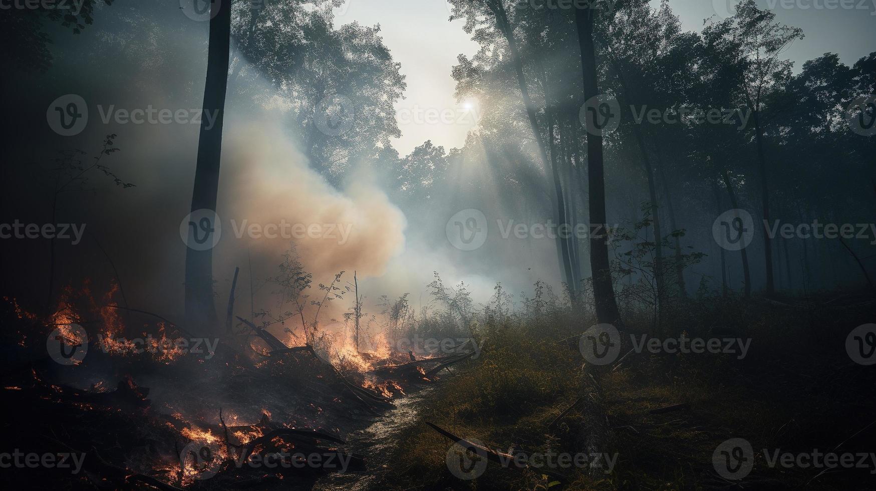 Forest fire in the forest. The concept of disaster and ecology,Burning dry grass and trees in the forest photo