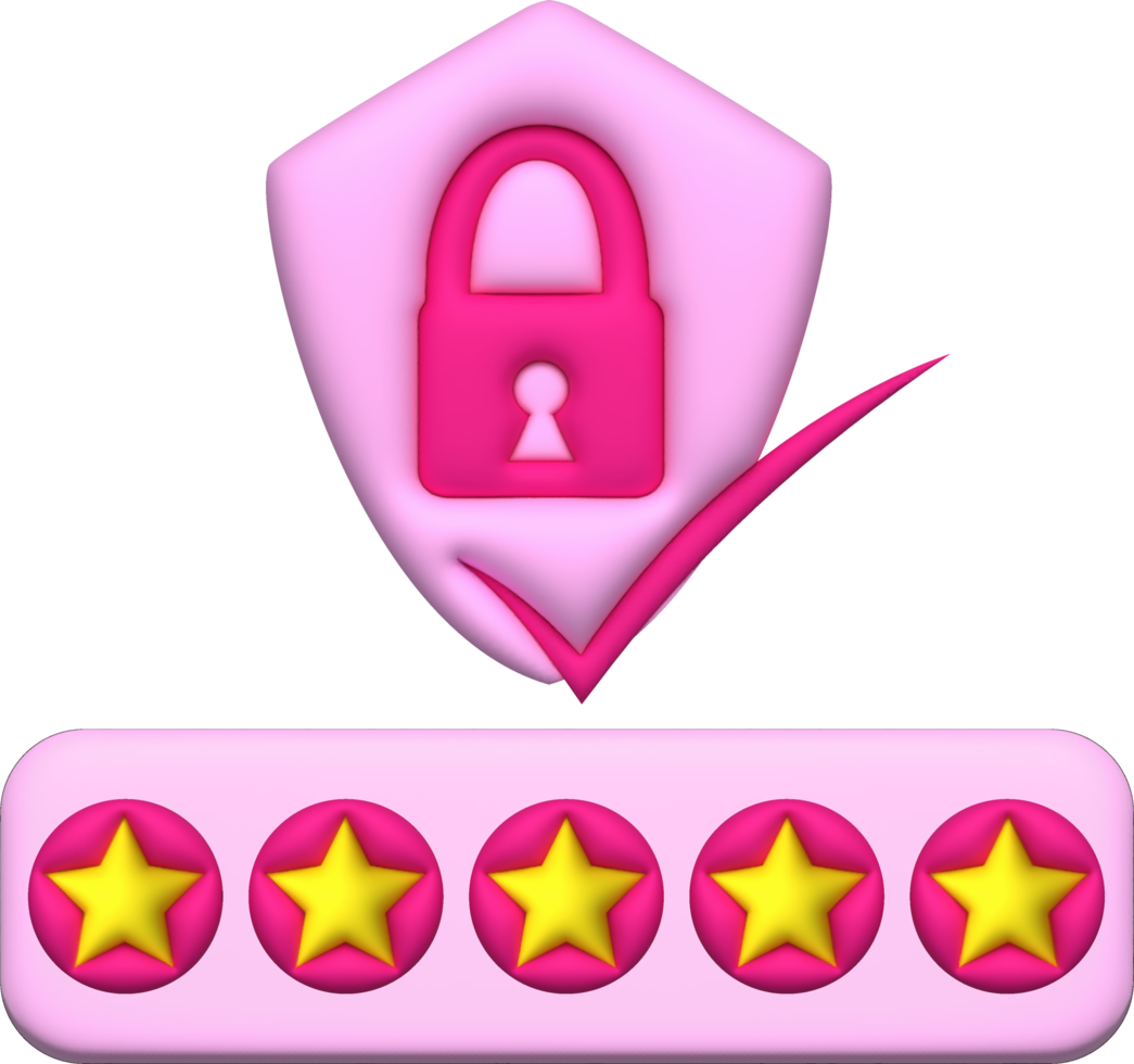 3D Star rated review for the best service rating for safety satisfaction. in the form of a shield and a padlock png