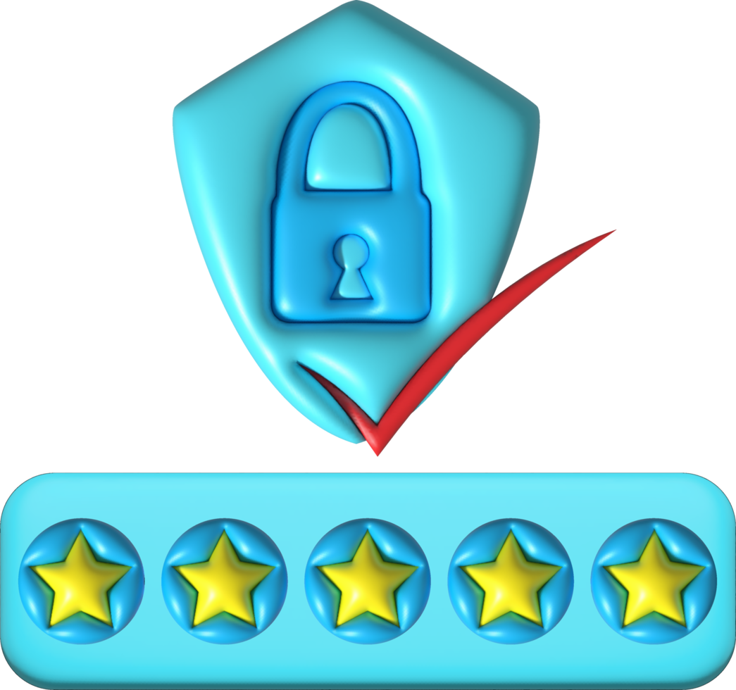 3D Star rated review for the best service rating for safety satisfaction. in the form of a shield and a padlock png