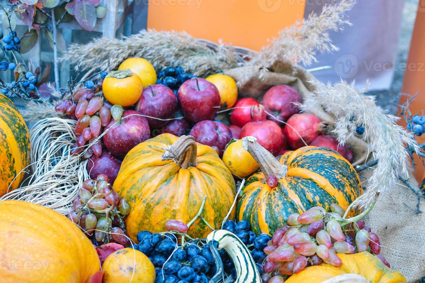 Halloween party.decorative pumpkin. autumn decorations. autumn season and vegetables photo