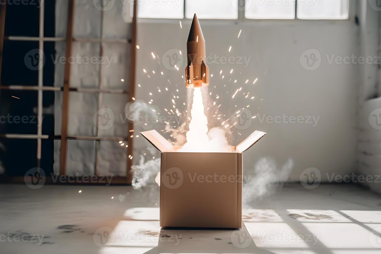 Rocket coming out of a box. Concept of start up and new business. photo