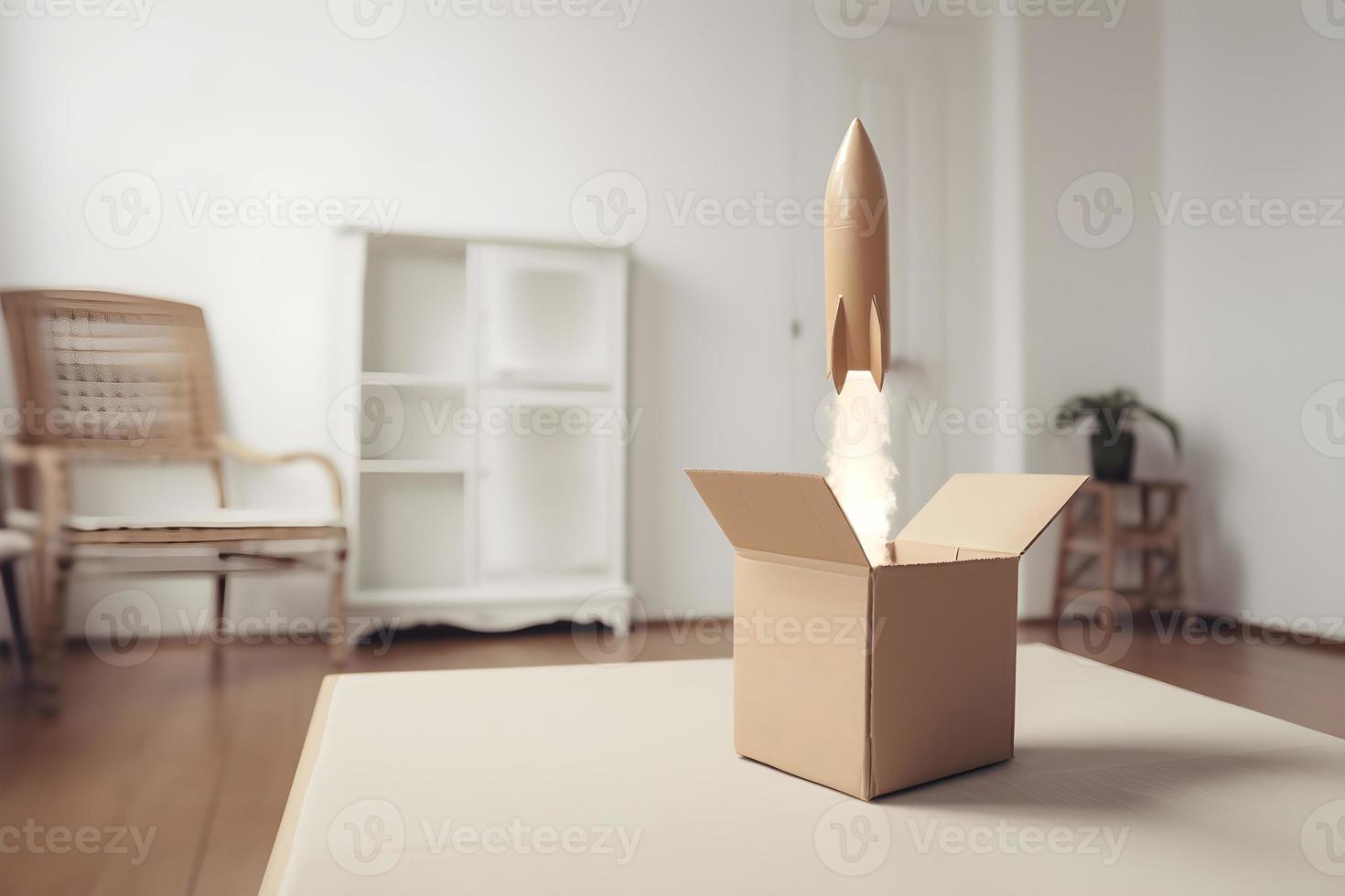 Rocket coming out of a box. Concept of start up and new business. photo