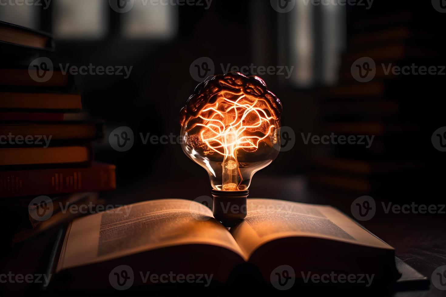 Glowing light bulb and books on dark background. Idea concept. photo