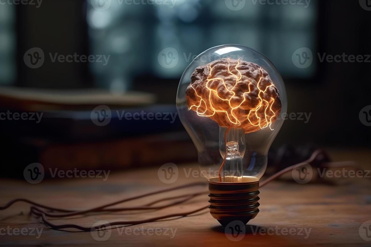 Glowing light bulb and books on dark background. Idea concept. photo