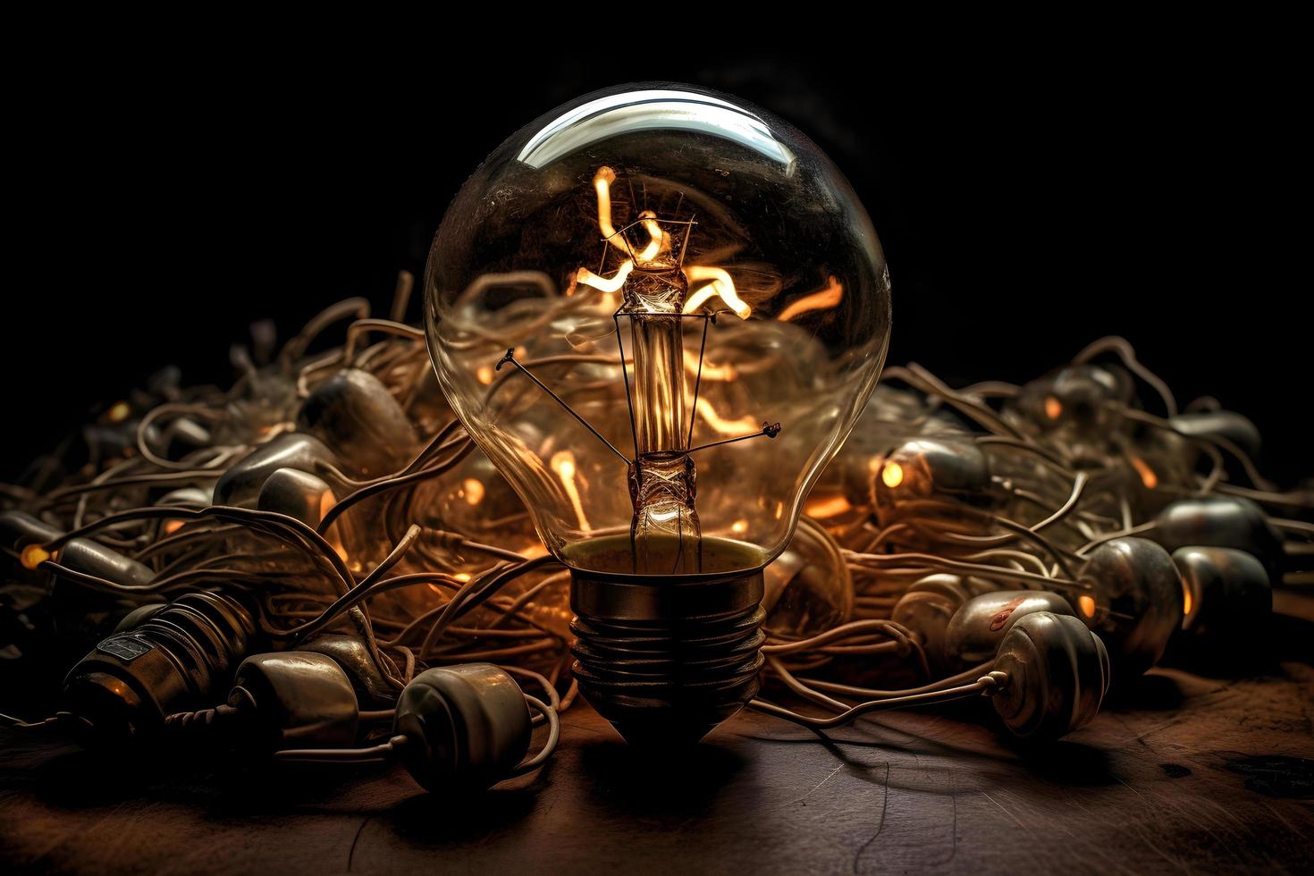 A group of incandescent Edison light bulbs on a dark background photo