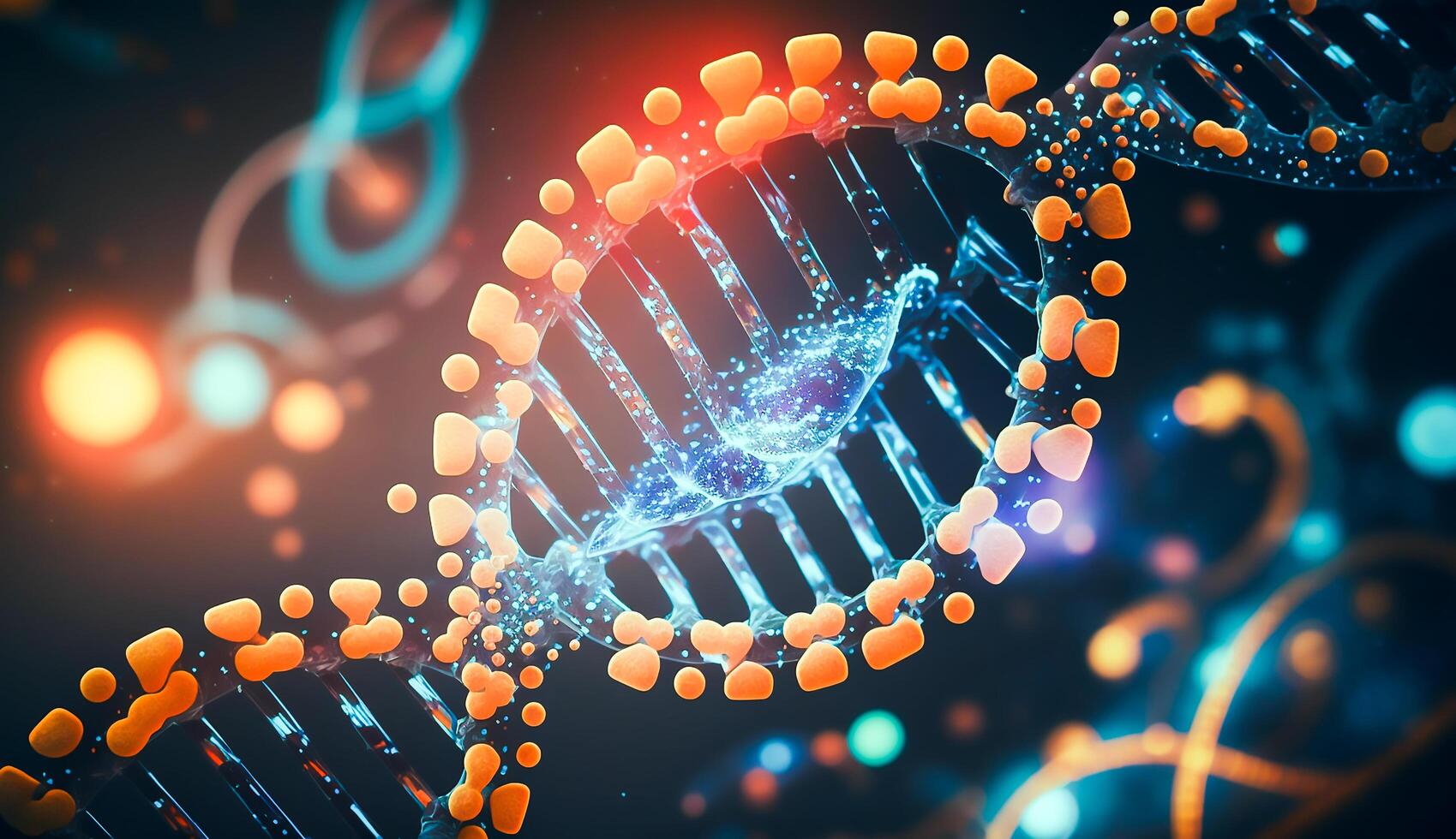 Colorful human DNA strand surrounded, DNA structure, photo