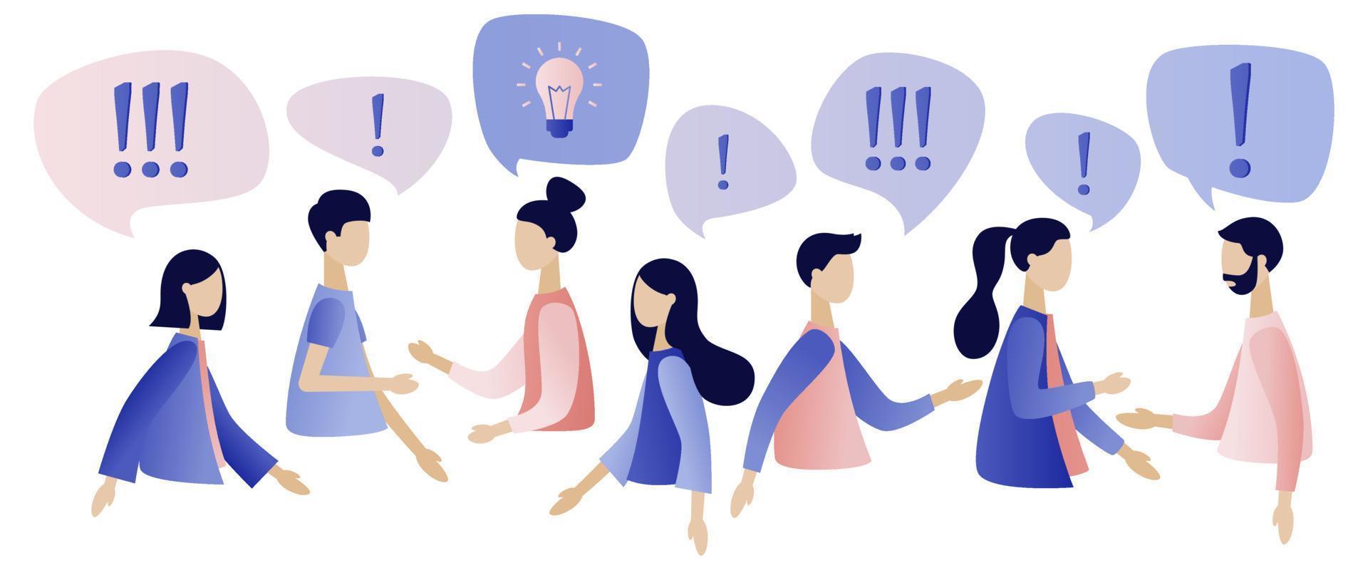 People around exclamation. People communication in search of ideas, problem solving. Modern flat cartoon style. Vector illustration