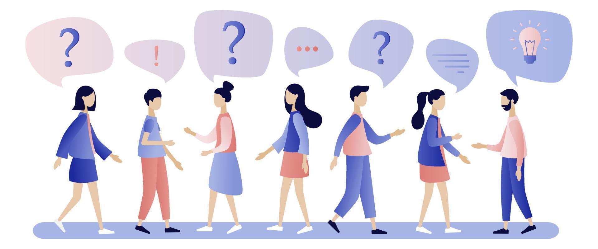 People around exclamation and question marks. People communication in search of ideas, problem solving. Question answer metaphor. Modern flat cartoon style. Vector illustration