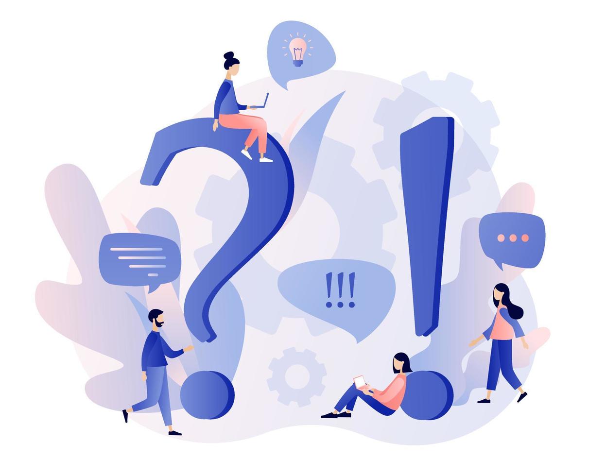 FAQ concept set. People around exclamations and question marks. Metaphor question answer. Modern flat cartoon style. Vector illustration